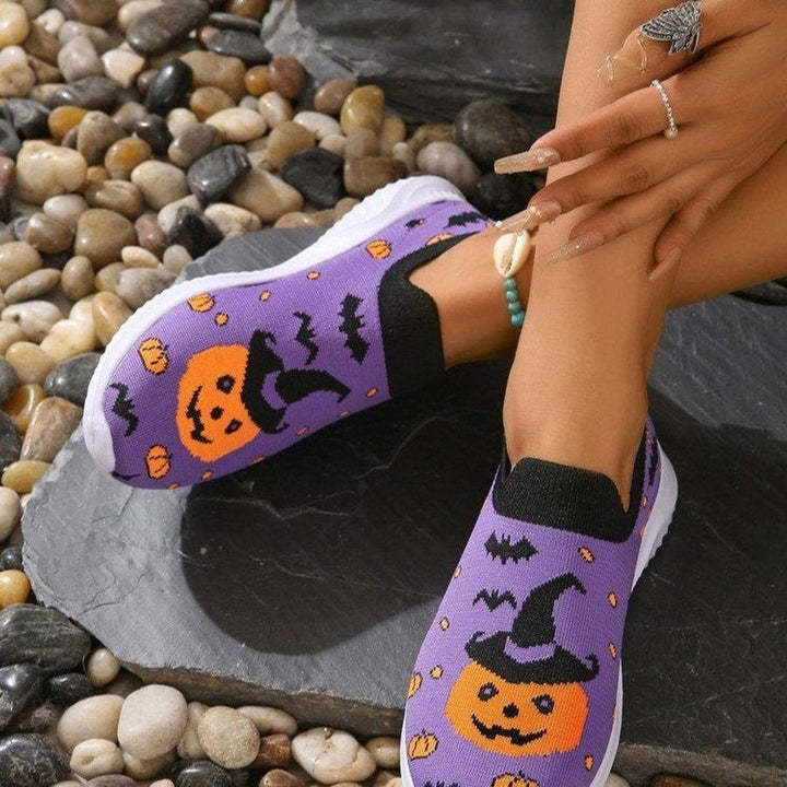 Women's Halloween Pumpkin Bat Slip-On Knit Sneakers - Purple