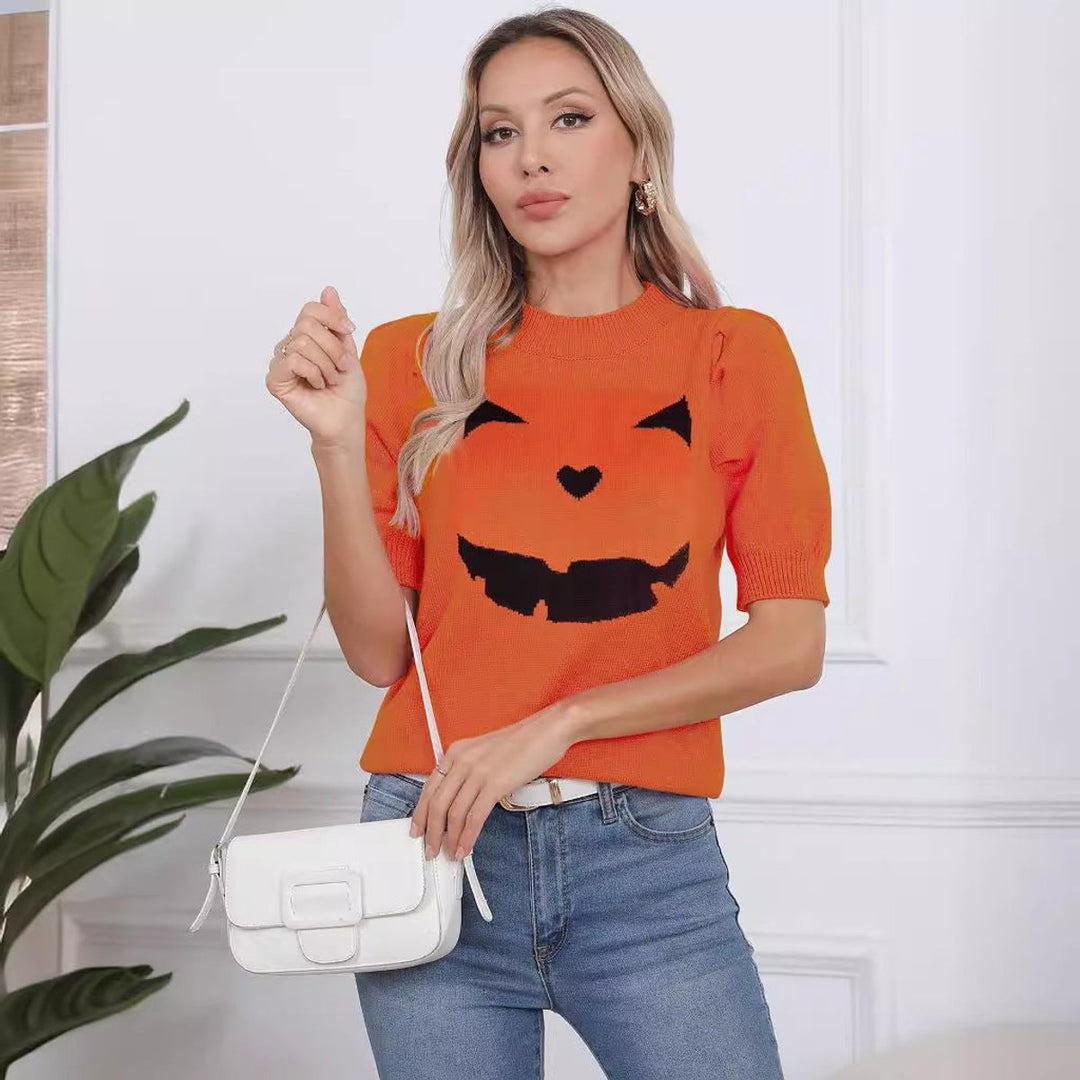 Women's Halloween Pumpkin Face Knit Short-Sleeve Sweater