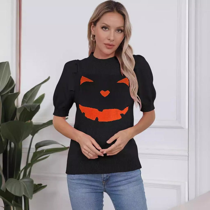 Women's Halloween Pumpkin Face Knit Short-Sleeve Sweater