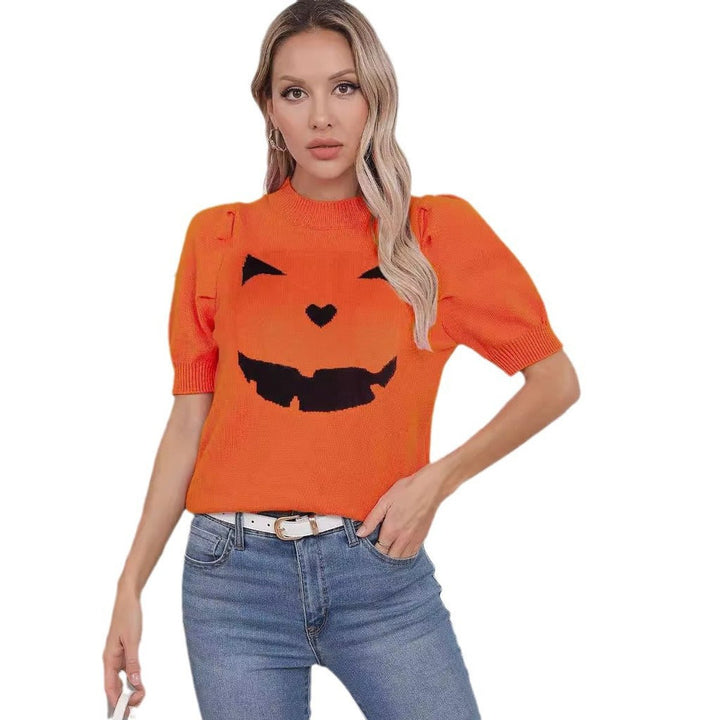 Women's Halloween Pumpkin Face Knit Short-Sleeve Sweater