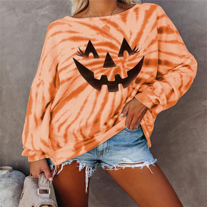 Women's Halloween Pumpkin Face Tie-Dye Pullover Sweatshirt - Orange