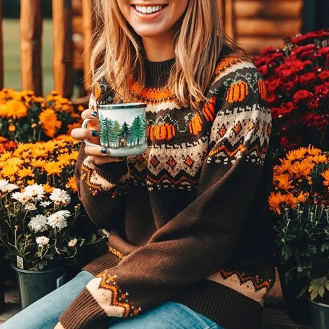 Women's Halloween Pumpkin Fair Isle Knit Pullover Sweater
