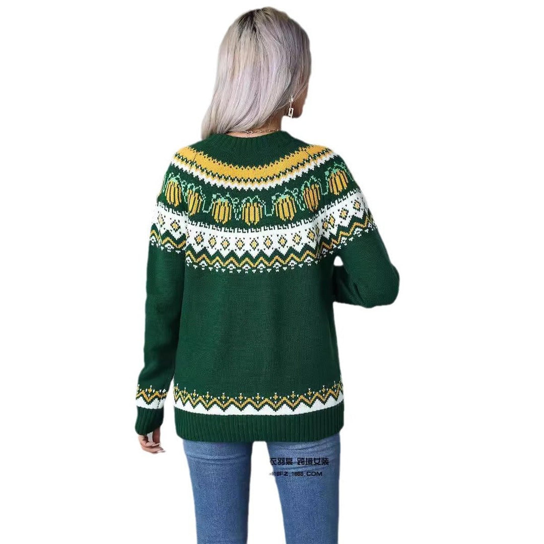 Women's Halloween Pumpkin Fair Isle Knit Pullover Sweater