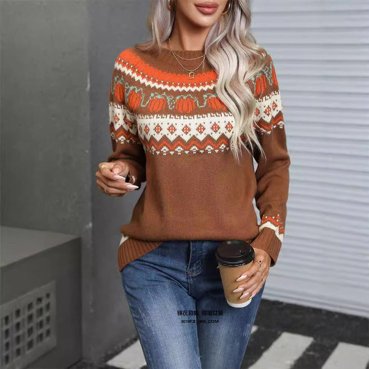Women's Halloween Pumpkin Fair Isle Knit Pullover Sweater - Camel