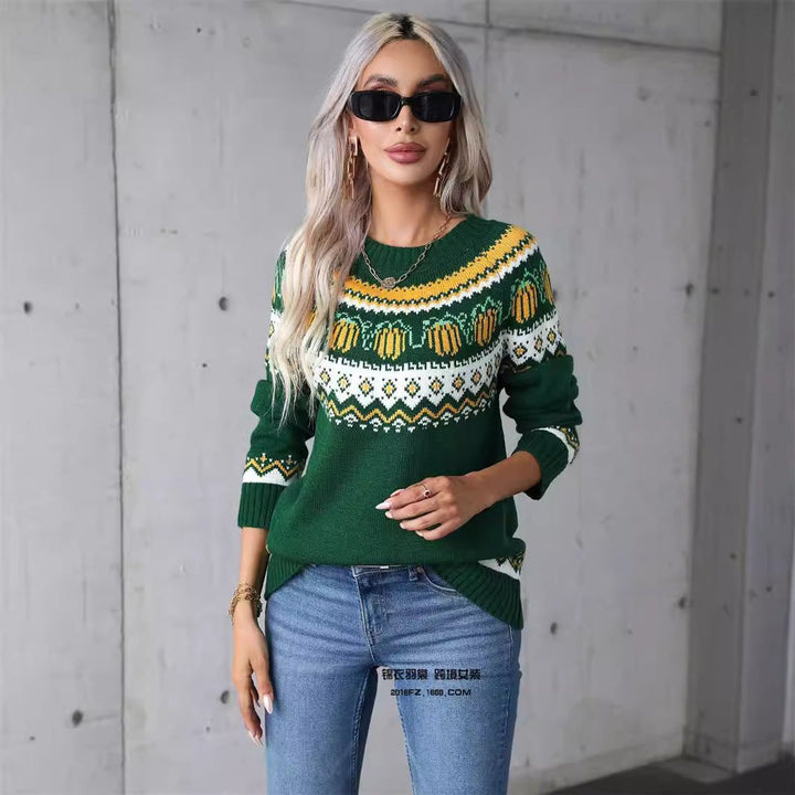 Women's Halloween Pumpkin Fair Isle Knit Pullover Sweater - Green