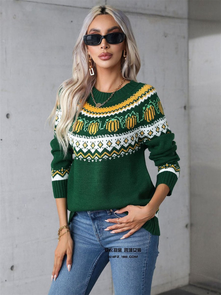 Women's Halloween Pumpkin Fair Isle Knit Pullover Sweater