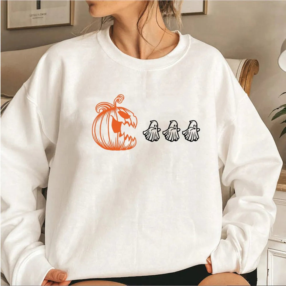 Women's Halloween Pumpkin Ghost Graphic Crewneck Sweatshirt - White