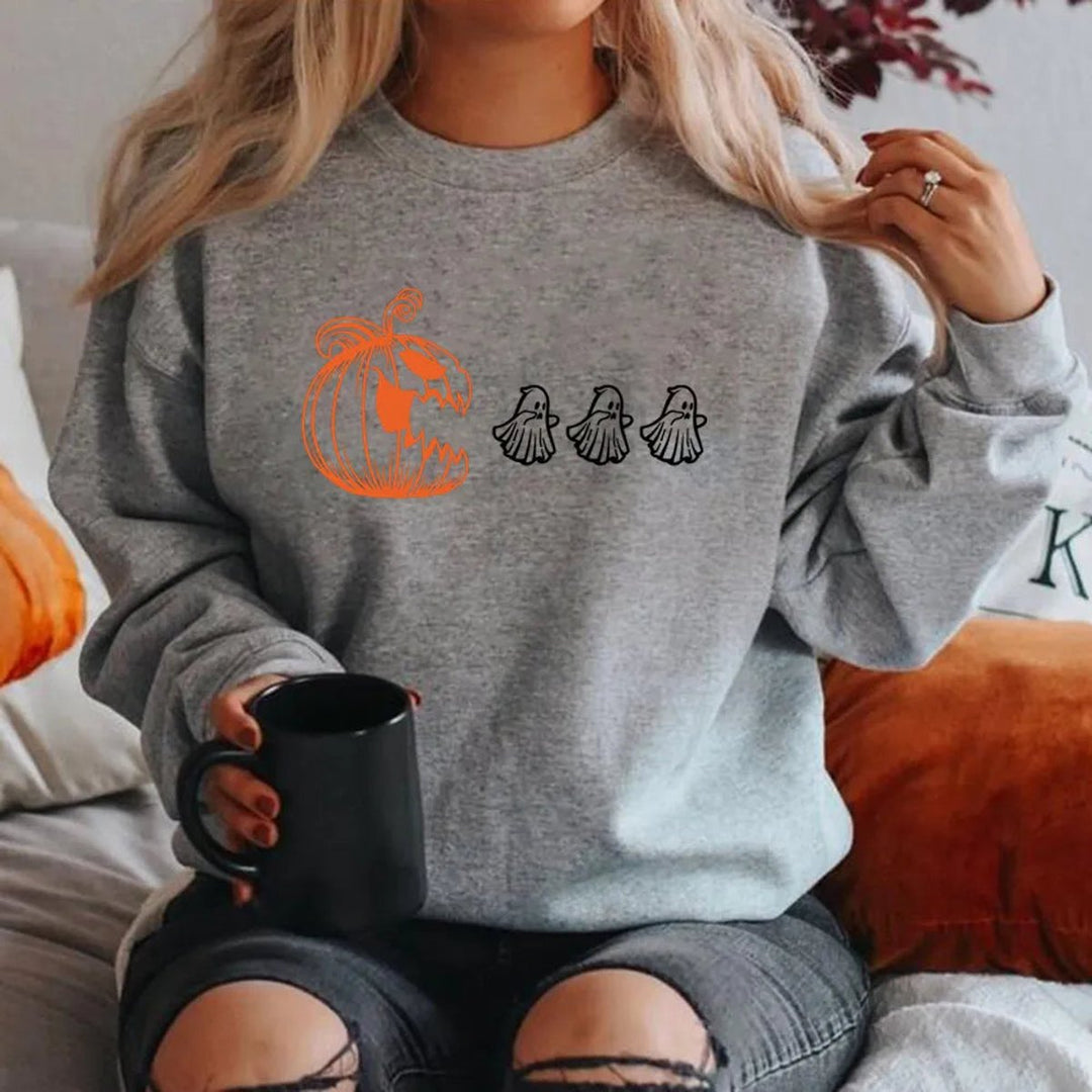 Women's Halloween Pumpkin Ghost Graphic Crewneck Sweatshirt - Gray