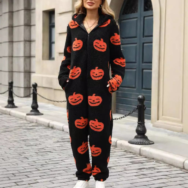 Women's Halloween Pumpkin Print Fleece Zip-Up Jumpsuit