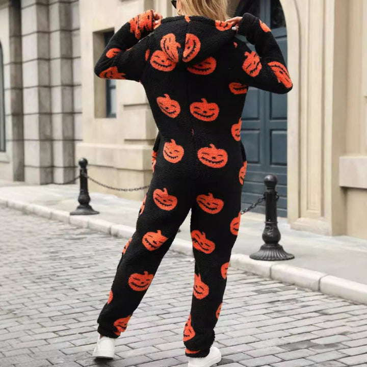 Women's Halloween Pumpkin Print Fleece Zip-Up Jumpsuit