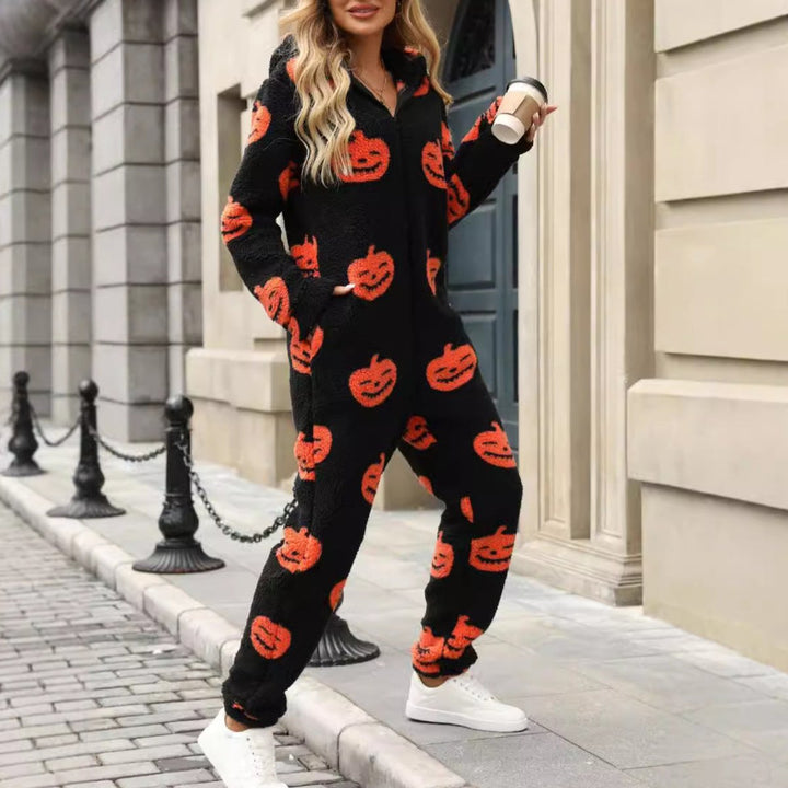 Women's Halloween Pumpkin Print Fleece Zip-Up Jumpsuit