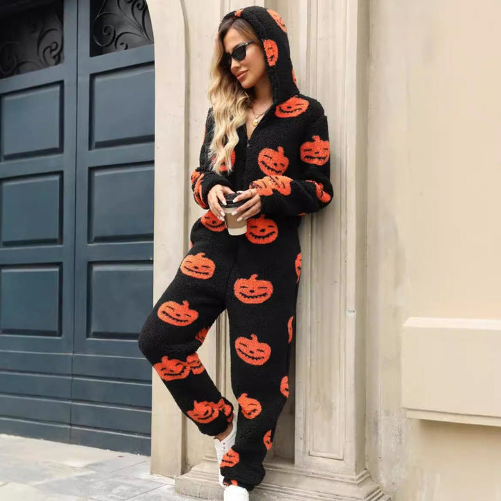 Women's Halloween Pumpkin Print Fleece Zip-Up Jumpsuit