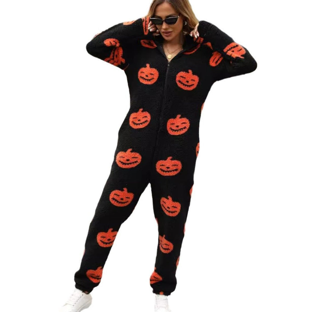 Women's Halloween Pumpkin Print Fleece Zip-Up Jumpsuit