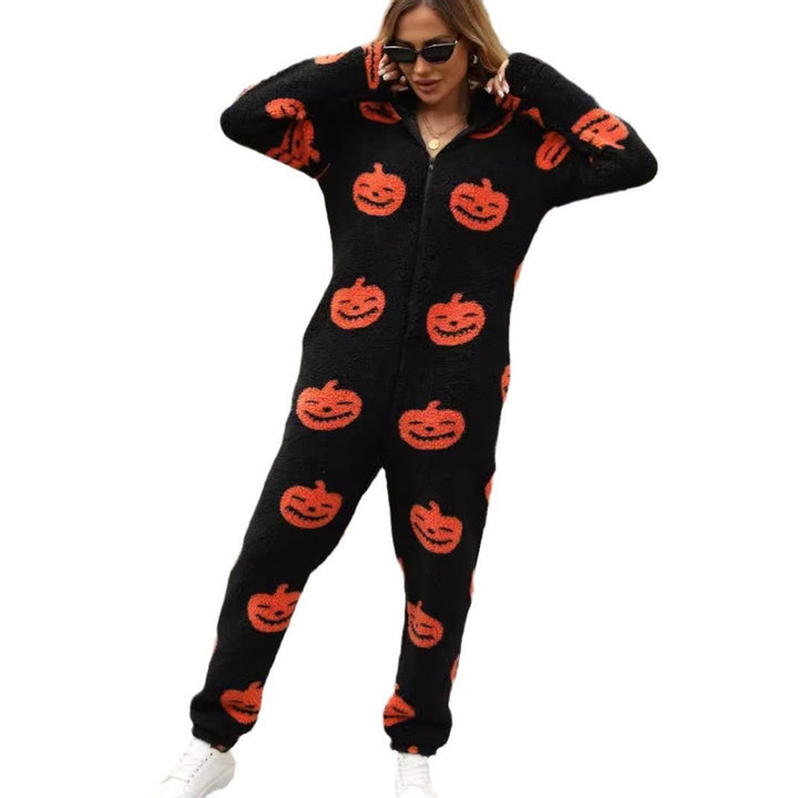Women's Halloween Pumpkin Print Fleece Zip-Up Jumpsuit