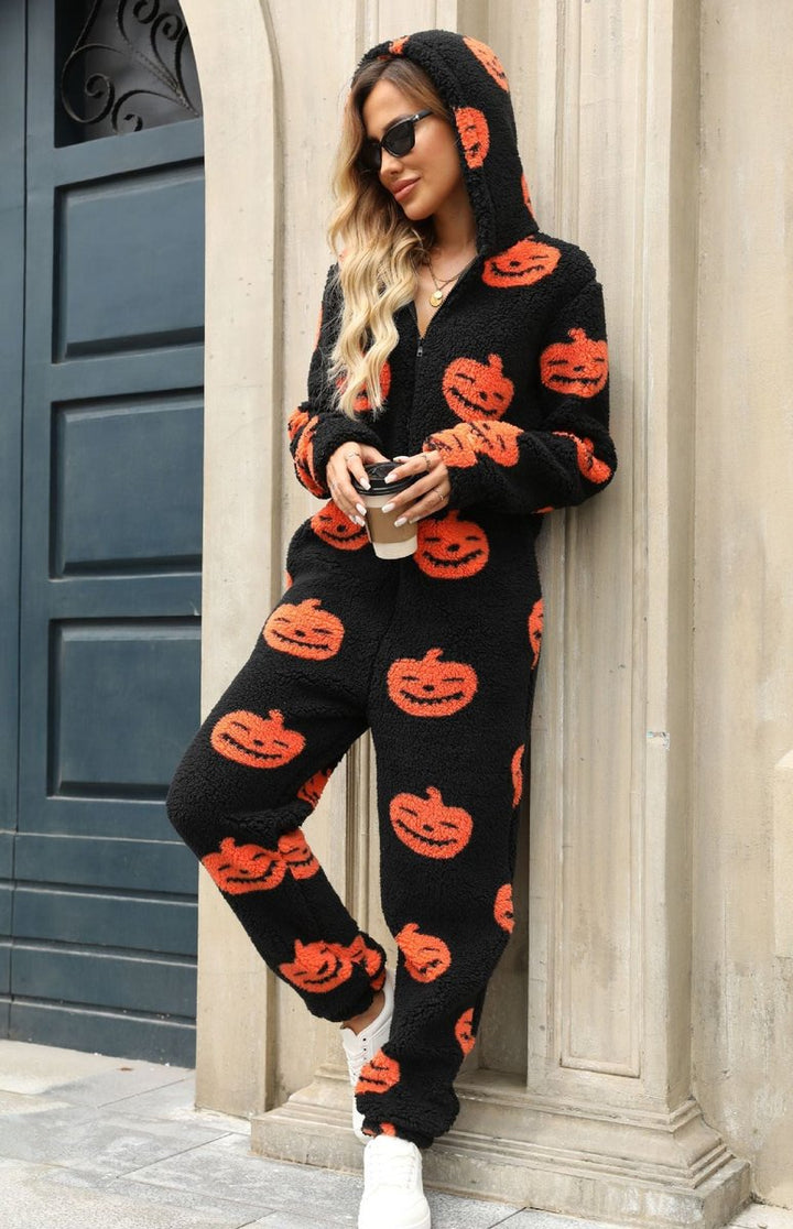 Women's Halloween Pumpkin Print Fleece Zip-Up Jumpsuit - Black