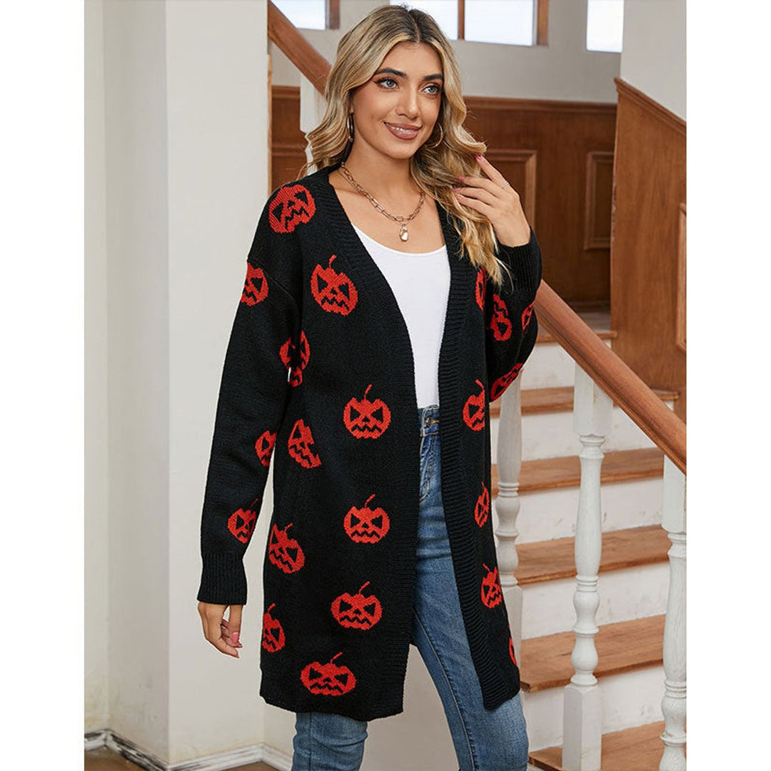 Women's Halloween Pumpkin Print Open-Front Knit Cardigan