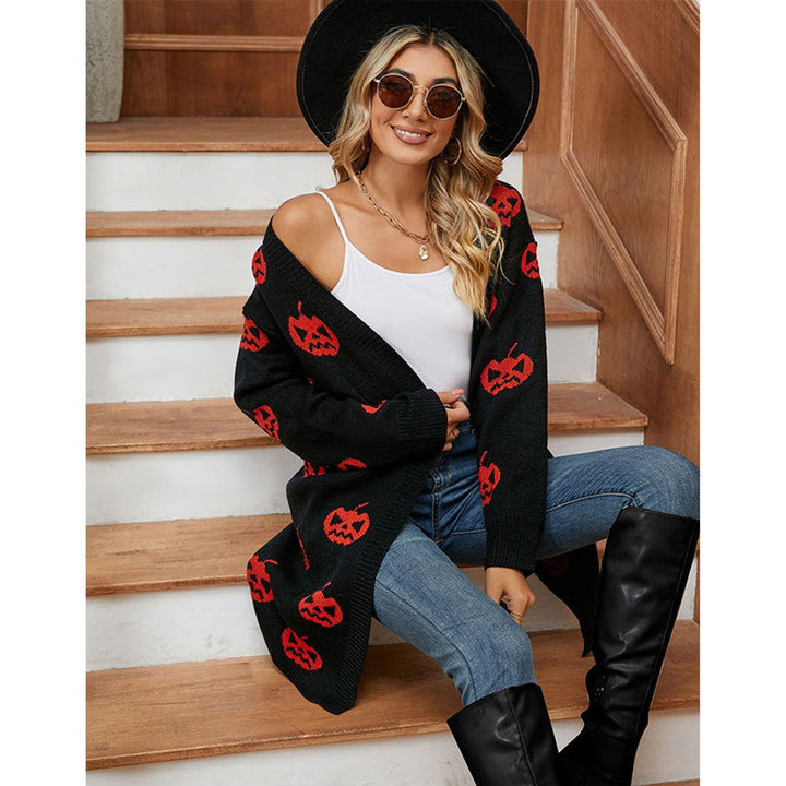 Women's Halloween Pumpkin Print Open-Front Knit Cardigan