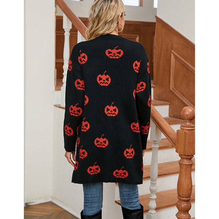 Women's Halloween Pumpkin Print Open-Front Knit Cardigan