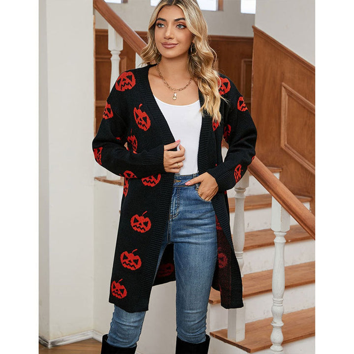 Women's Halloween Pumpkin Print Open-Front Knit Cardigan