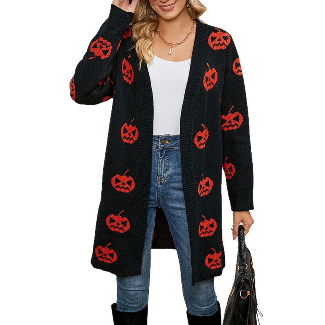Women's Halloween Pumpkin Print Open-Front Knit Cardigan