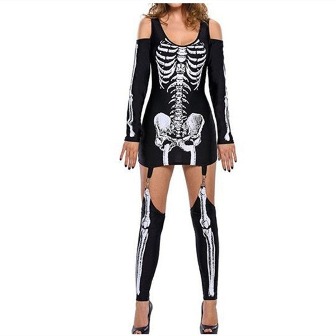 Women's Halloween Skeleton Print Cold-Shoulder Mini Dress