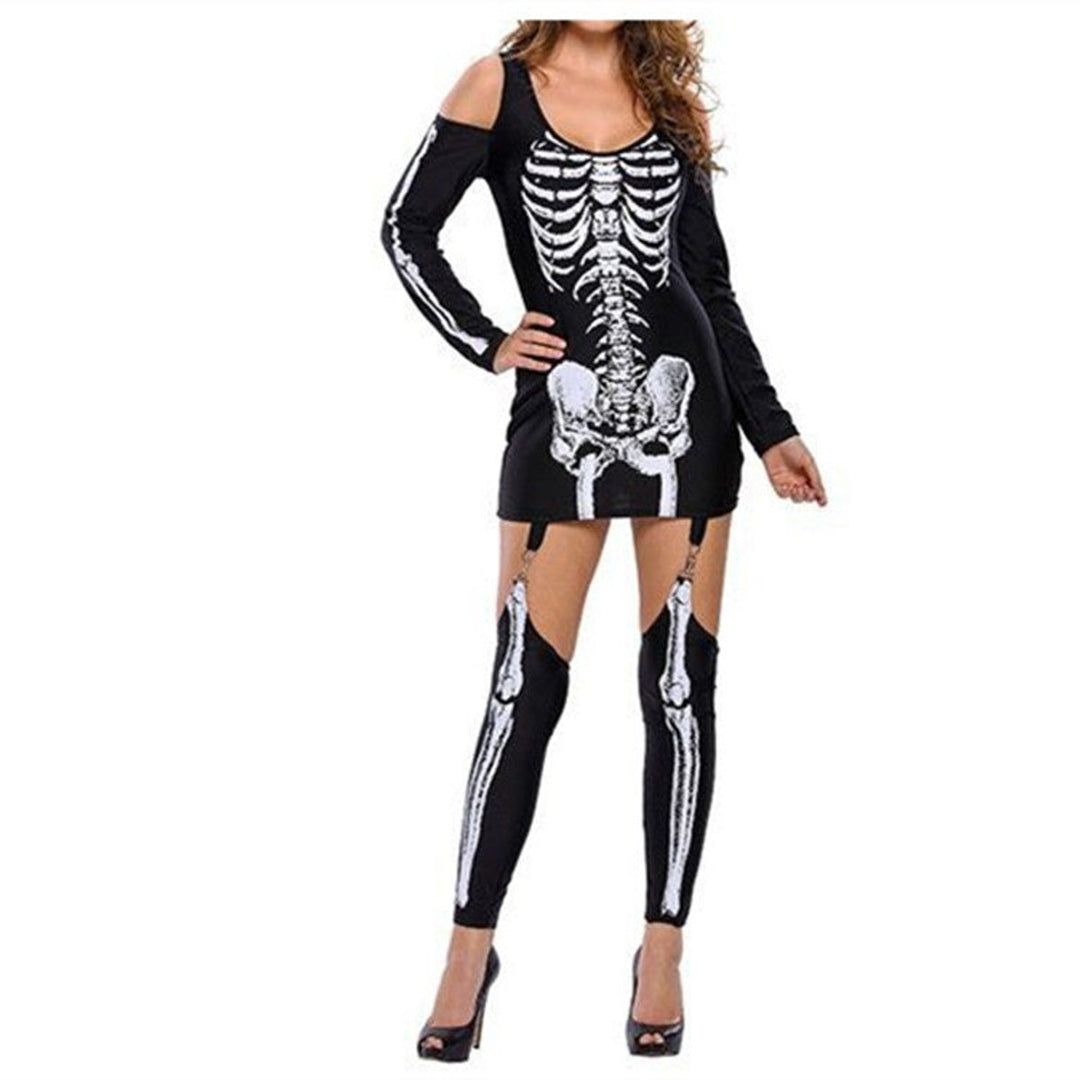 Women's Halloween Skeleton Print Cold-Shoulder Mini Dress