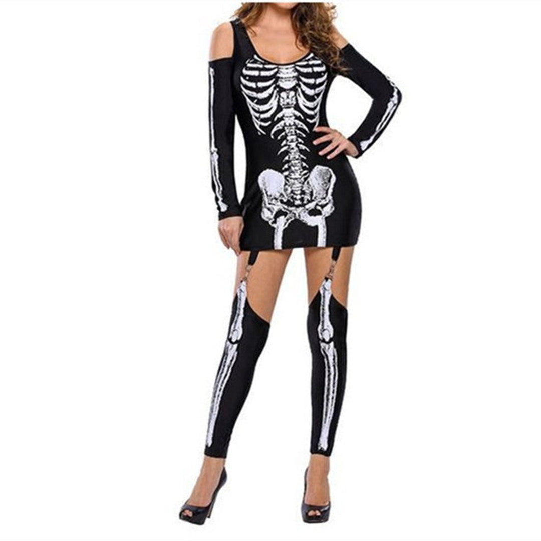 Women's Halloween Skeleton Print Cold-Shoulder Mini Dress