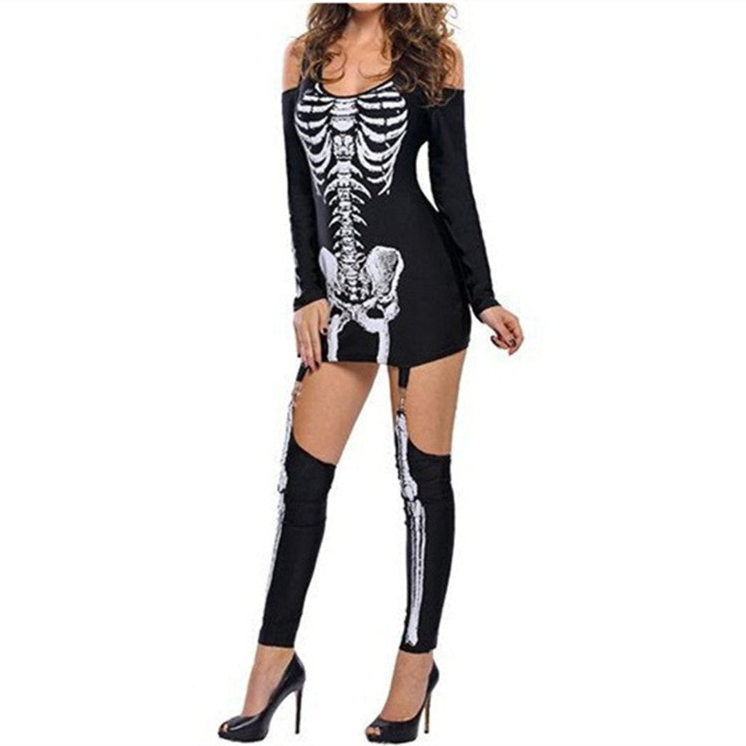 Women's Halloween Skeleton Print Cold-Shoulder Mini Dress