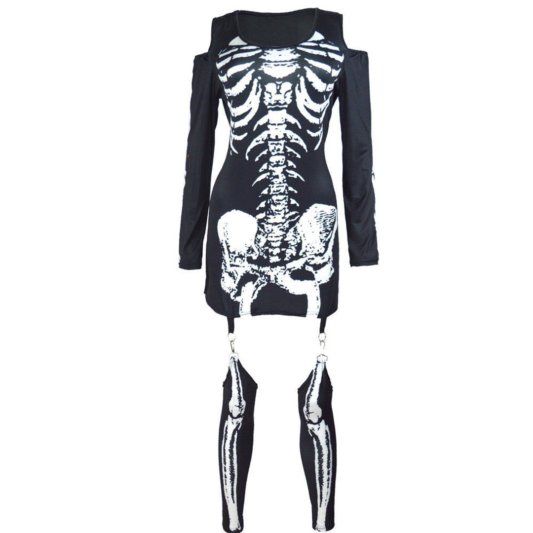 Women's Halloween Skeleton Print Cold-Shoulder Mini Dress