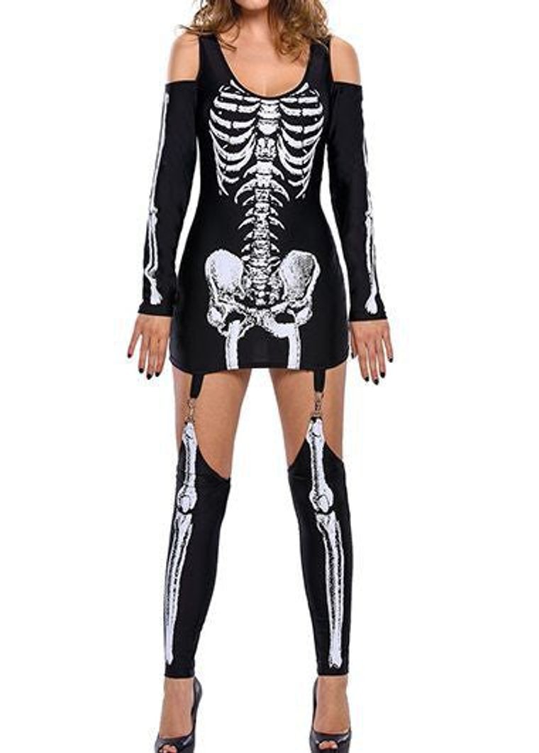 Women's Halloween Skeleton Print Cold-Shoulder Mini Dress - Black