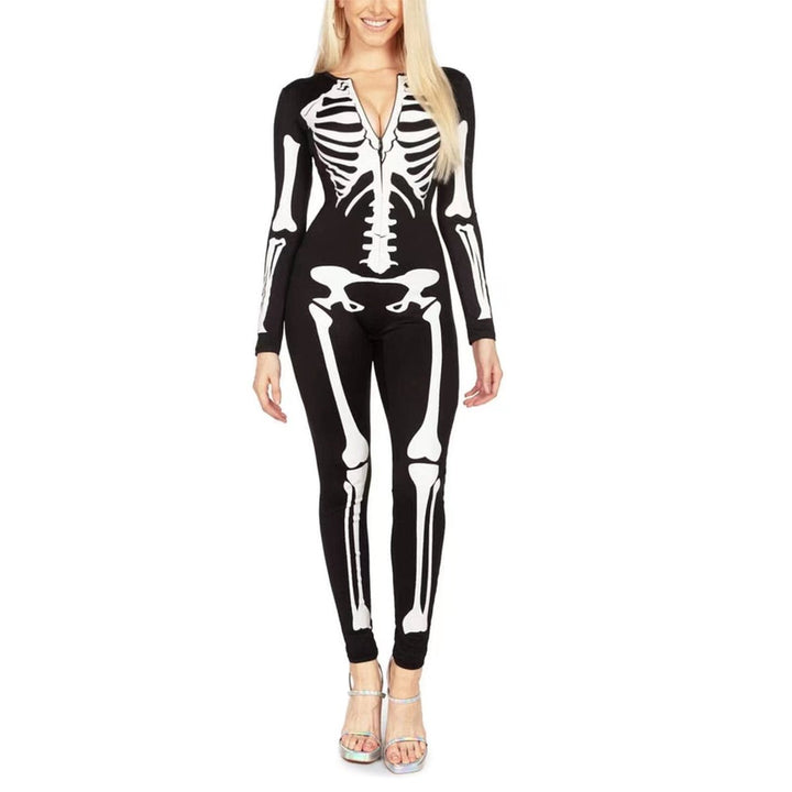 Women's Halloween Skeleton Print Long-Sleeve Bodysuit - Black