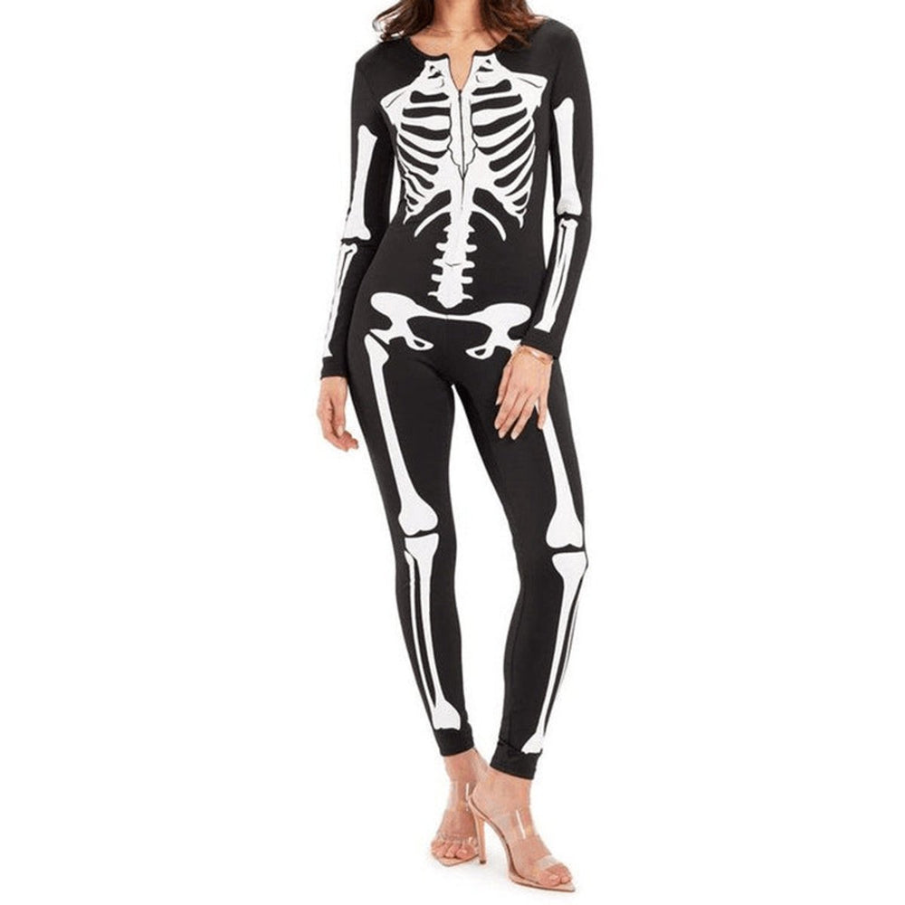 Women's Halloween Skeleton Print Long-Sleeve Fitted Jumpsuit