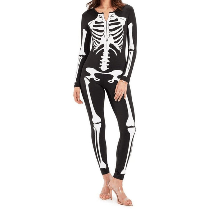 Women's Halloween Skeleton Print Long-Sleeve Fitted Jumpsuit