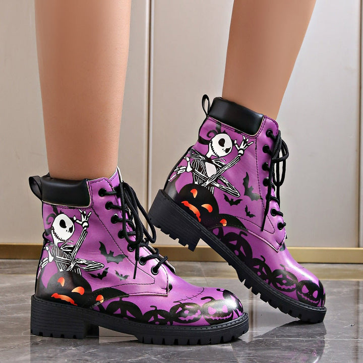 Women's Halloween Skeleton Pumpkin Lace-Up Combat Boots