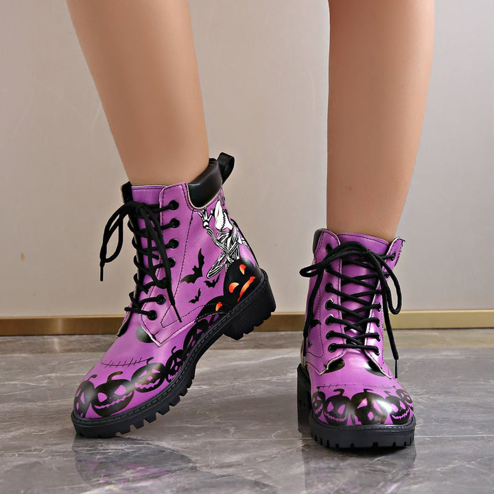 Women's Halloween Skeleton Pumpkin Lace-Up Combat Boots