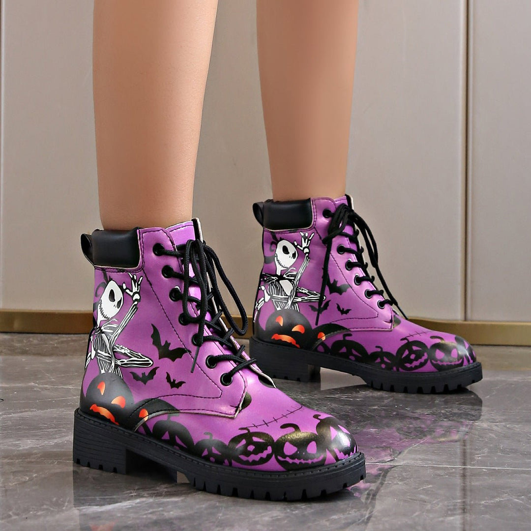 Women's Halloween Skeleton Pumpkin Lace-Up Combat Boots