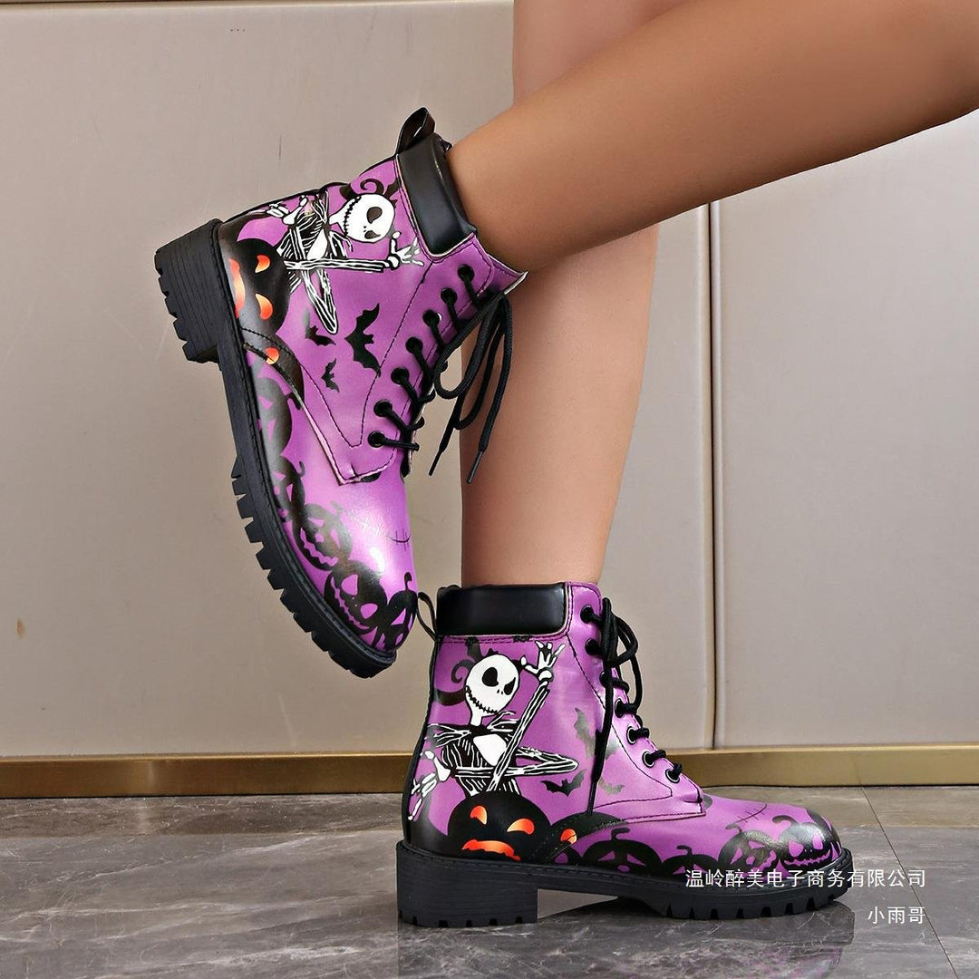 Women's Halloween Skeleton Pumpkin Lace-Up Combat Boots