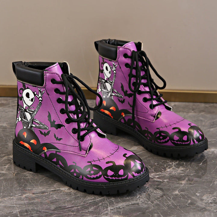 Women's Halloween Skeleton Pumpkin Lace-Up Combat Boots - Purple