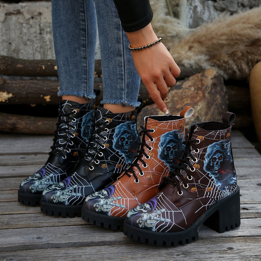 Women's Halloween Skull Graphic Lace-Up Chunky Heel Combat Boots