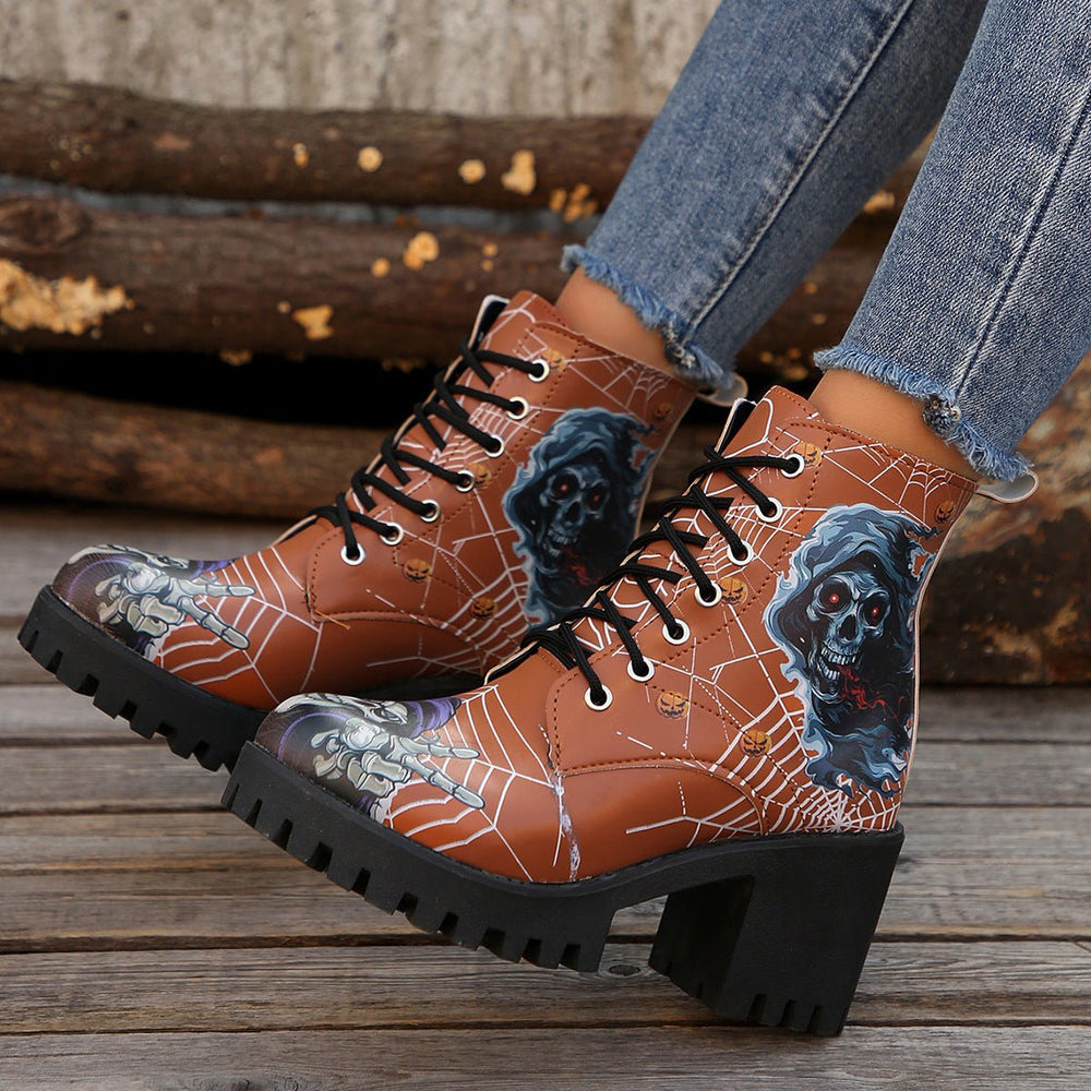 Women's Halloween Skull Graphic Lace-Up Chunky Heel Combat Boots