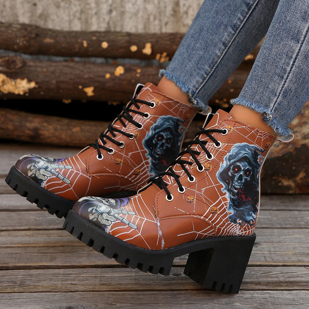 Women's Halloween Skull Graphic Lace-Up Chunky Heel Combat Boots