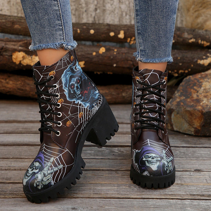 Women's Halloween Skull Graphic Lace-Up Chunky Heel Combat Boots