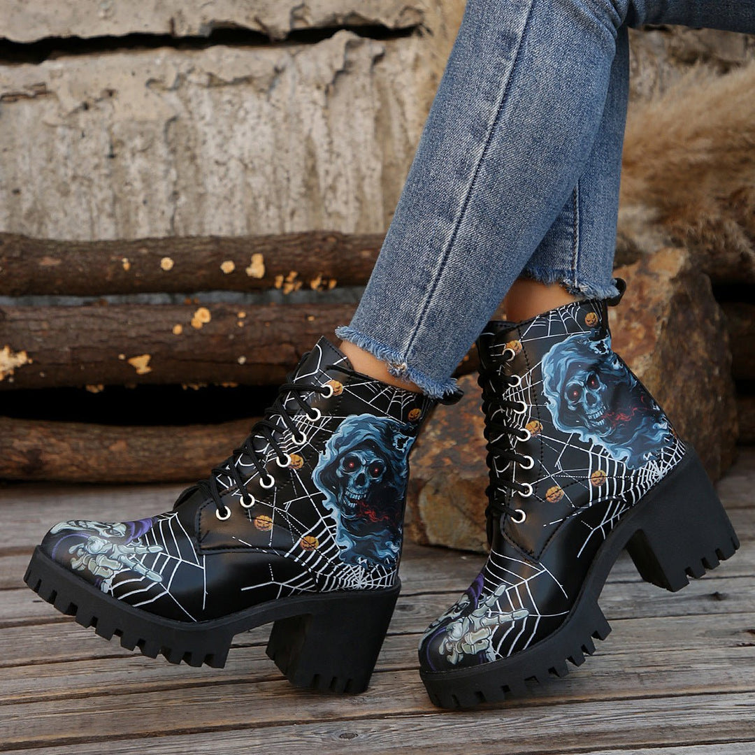 Women's Halloween Skull Graphic Lace-Up Chunky Heel Combat Boots