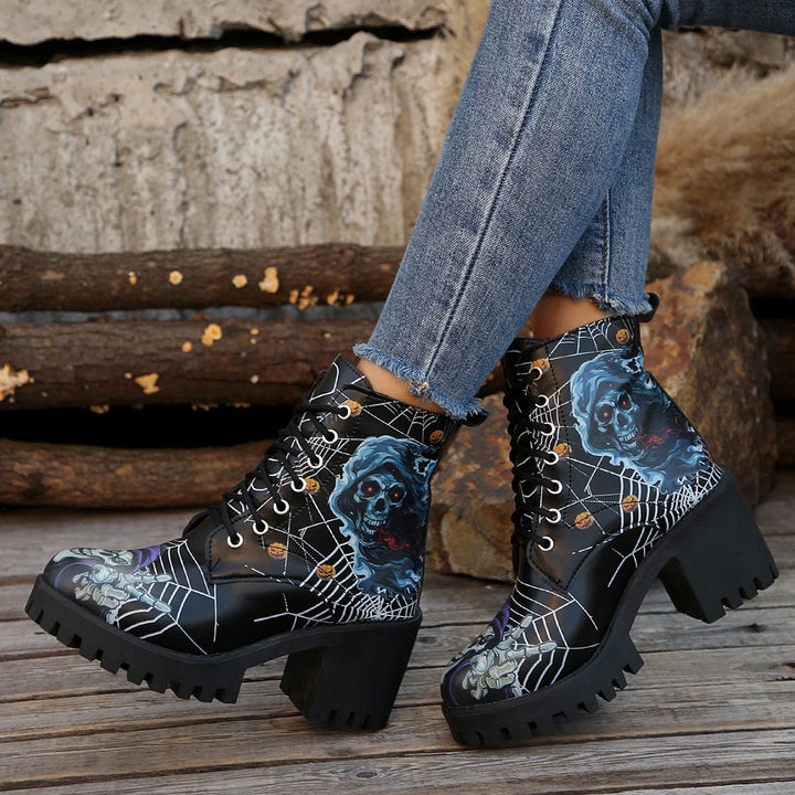 Women's Halloween Skull Graphic Lace-Up Chunky Heel Combat Boots