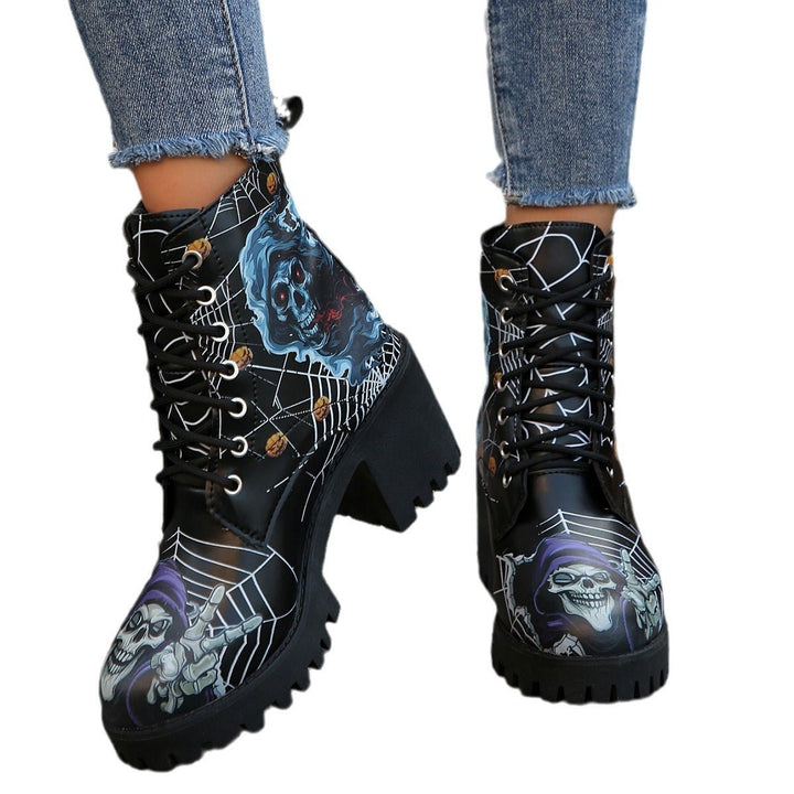 Women's Halloween Skull Graphic Lace-Up Chunky Heel Combat Boots