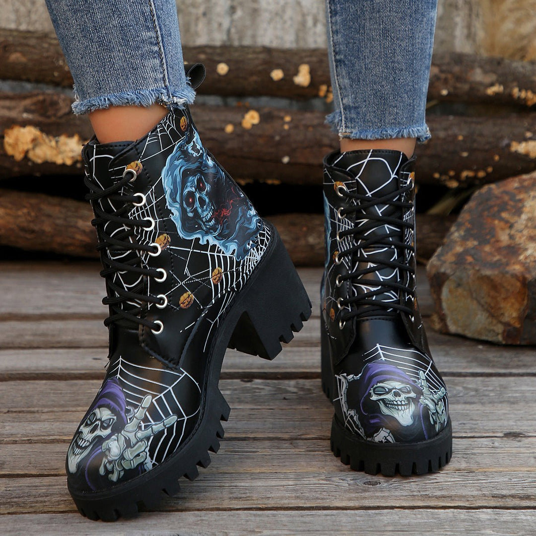 Women's Halloween Skull Graphic Lace-Up Chunky Heel Combat Boots - Black
