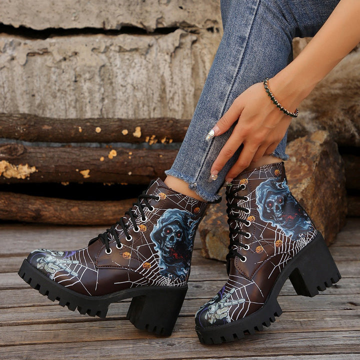Women's Halloween Skull Graphic Lace-Up Chunky Heel Combat Boots - Brown