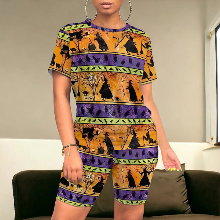 Women's Halloween Witch Print Two-Piece Short Sleeve Top Biker Shorts Set