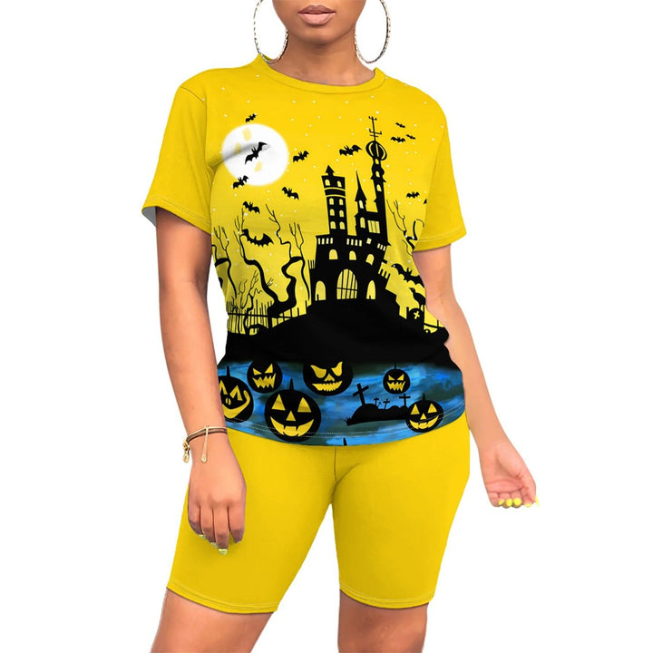 Women's Halloween Witch Print Two-Piece Short Sleeve Top Biker Shorts Set - Yellow