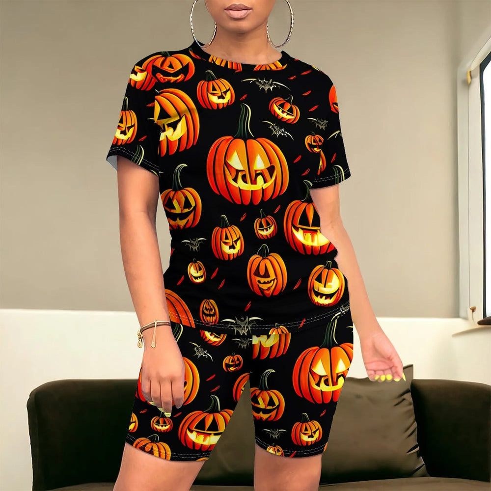 Women's Halloween Witch Print Two-Piece Short Sleeve Top Biker Shorts Set